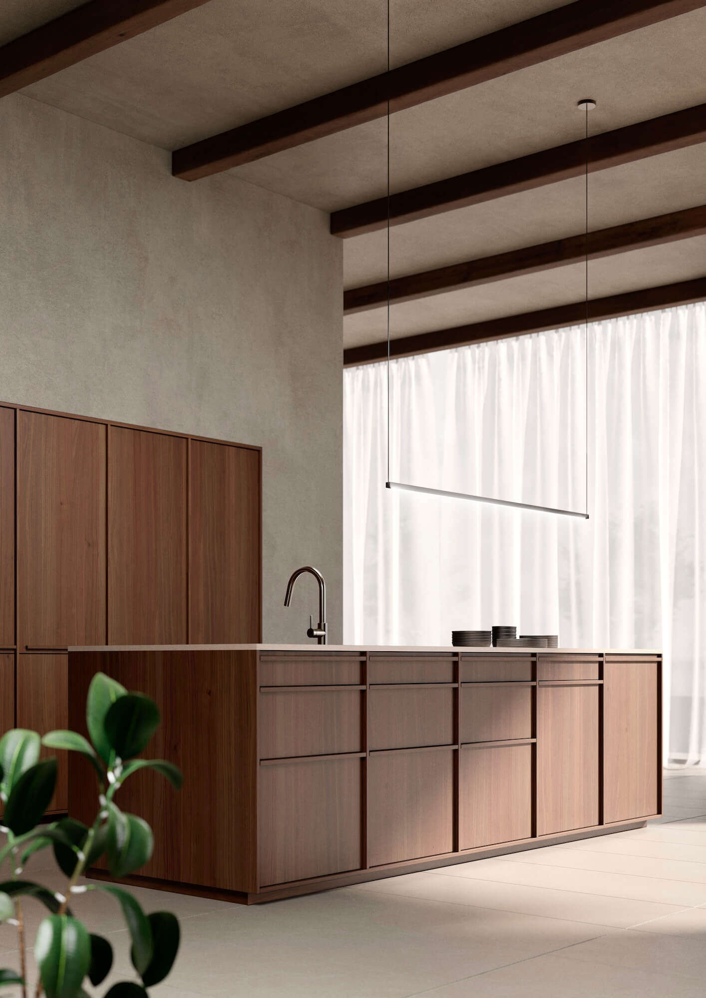 LEICHT_KYOTO_Design_Inselkueche_mit_Hochschrankzeile_dunkles Holz