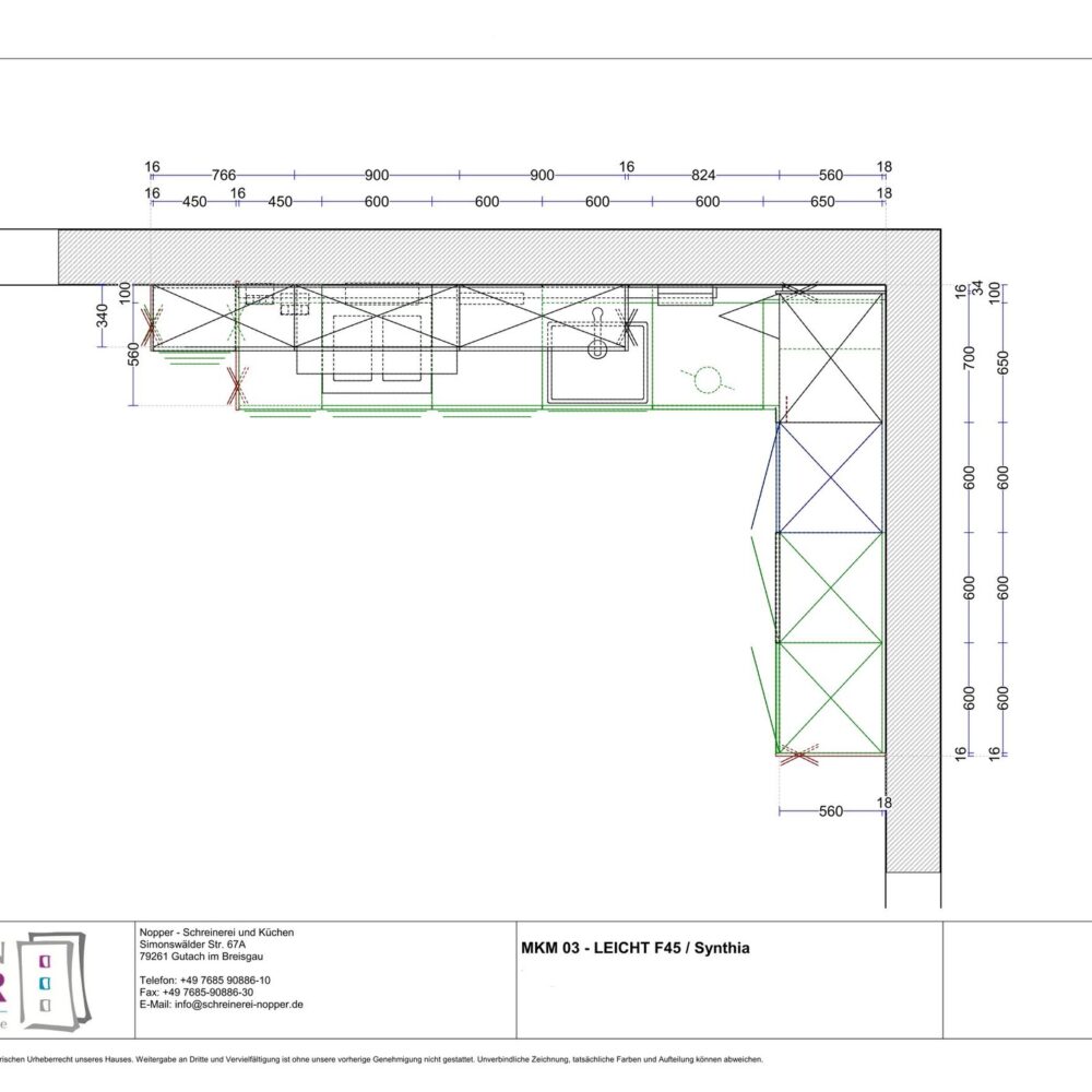 Leicht Synthia olmo grigio/ F45 borealgrün Grüne L- Küche in Kombination mit Holznachbildung
