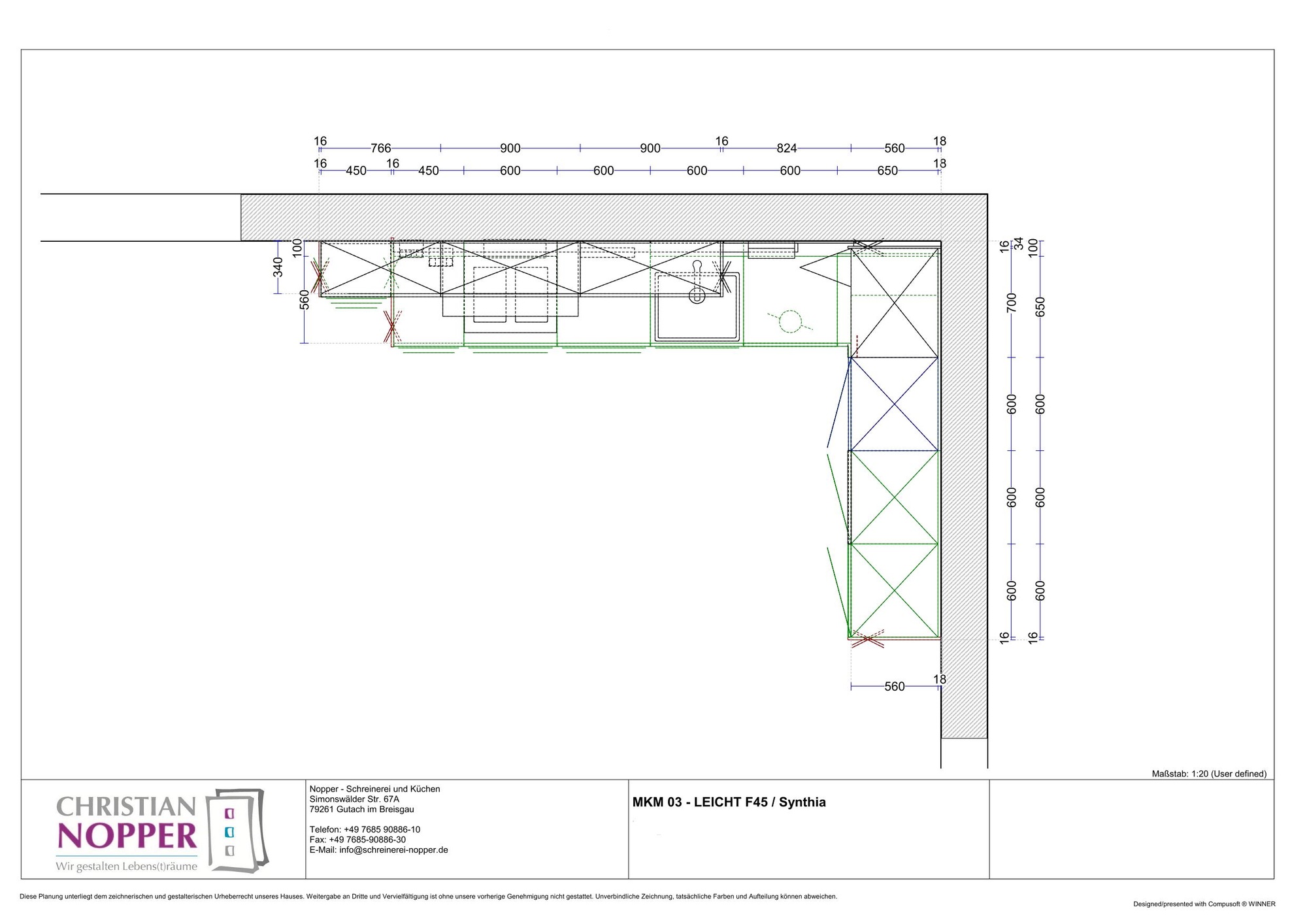 Leicht Synthia olmo grigio/ F45 borealgrün Grüne L- Küche in Kombination mit Holznachbildung