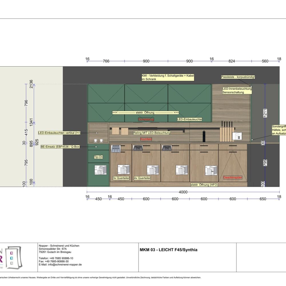Leicht Synthia olmo grigio/ F45 borealgrün Grüne L- Küche in Kombination mit Holznachbildung