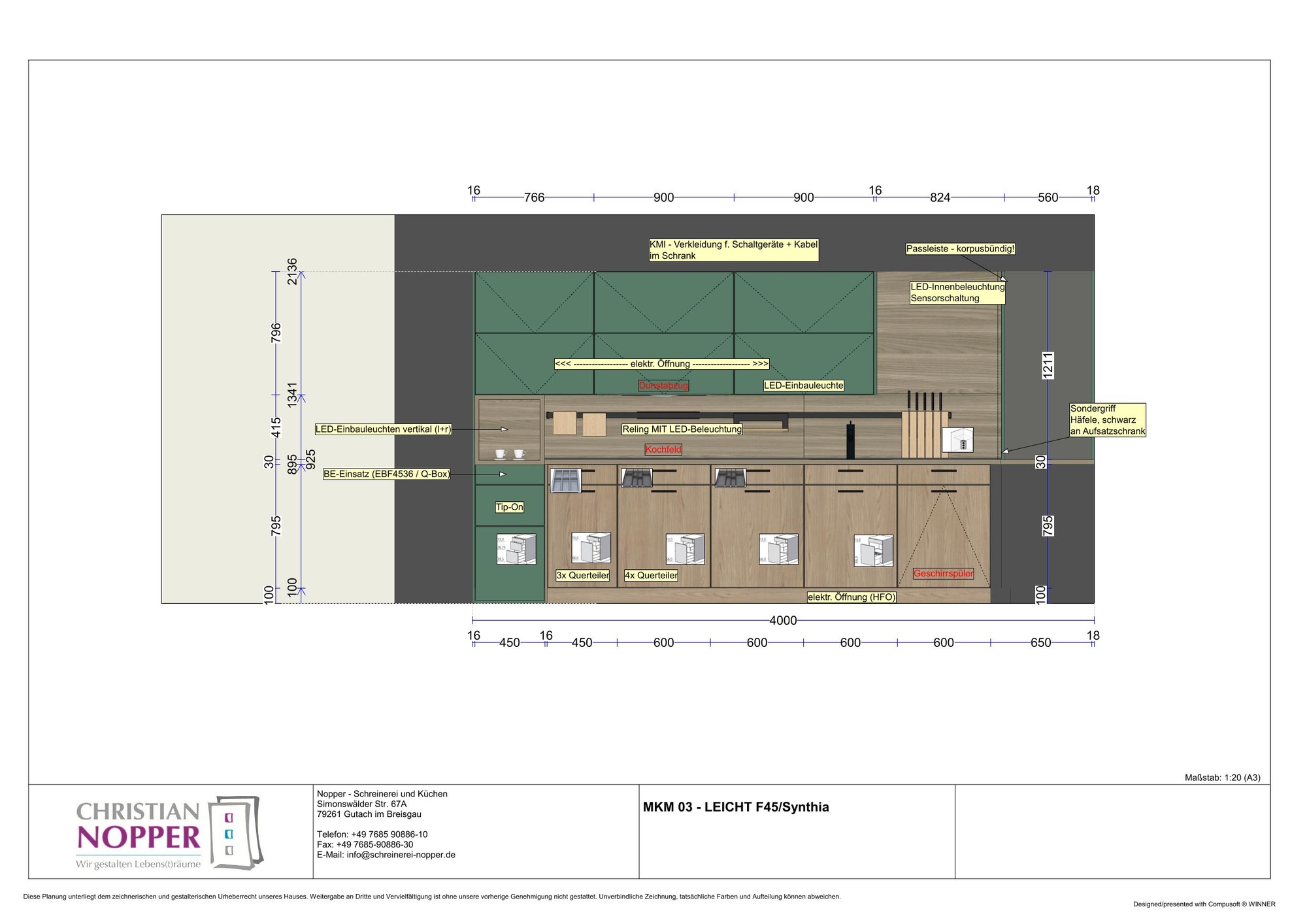 Leicht Synthia olmo grigio/ F45 borealgrün Grüne L- Küche in Kombination mit Holznachbildung