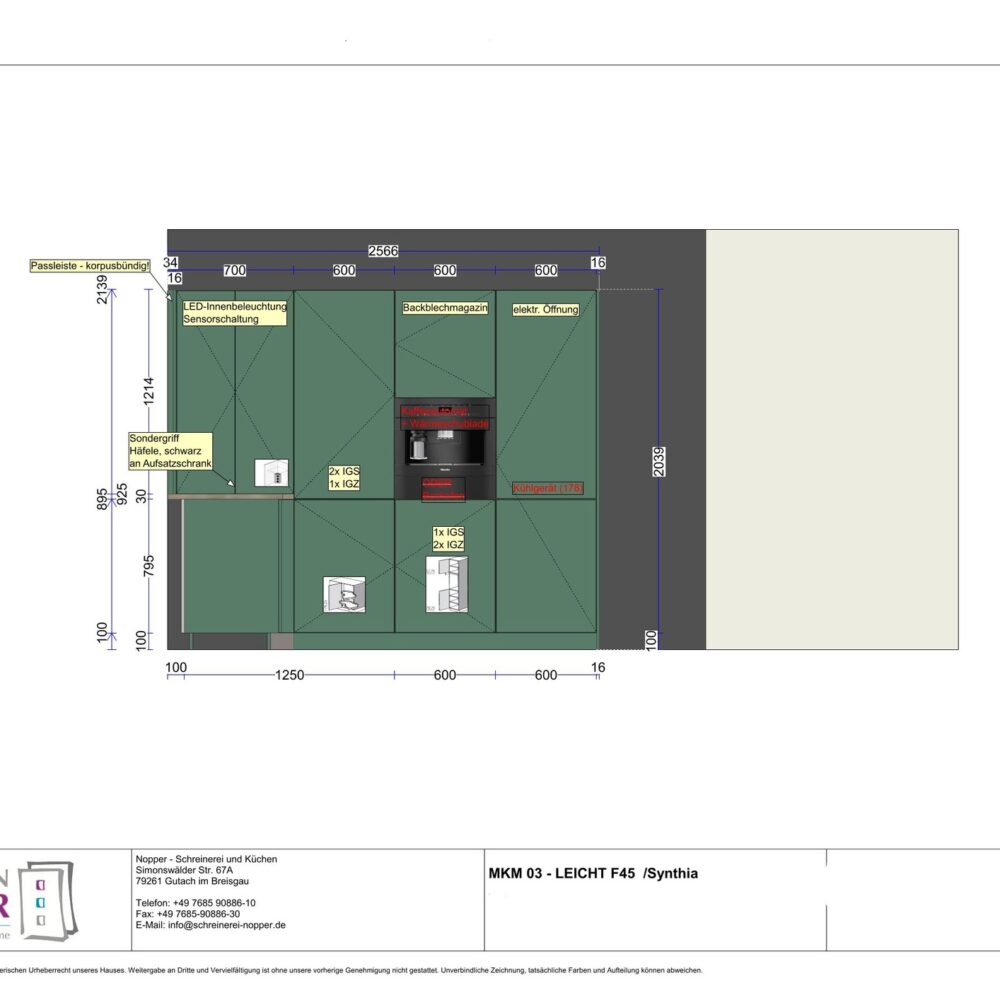 Leicht Synthia olmo grigio/ F45 borealgrün Grüne L- Küche in Kombination mit Holznachbildung