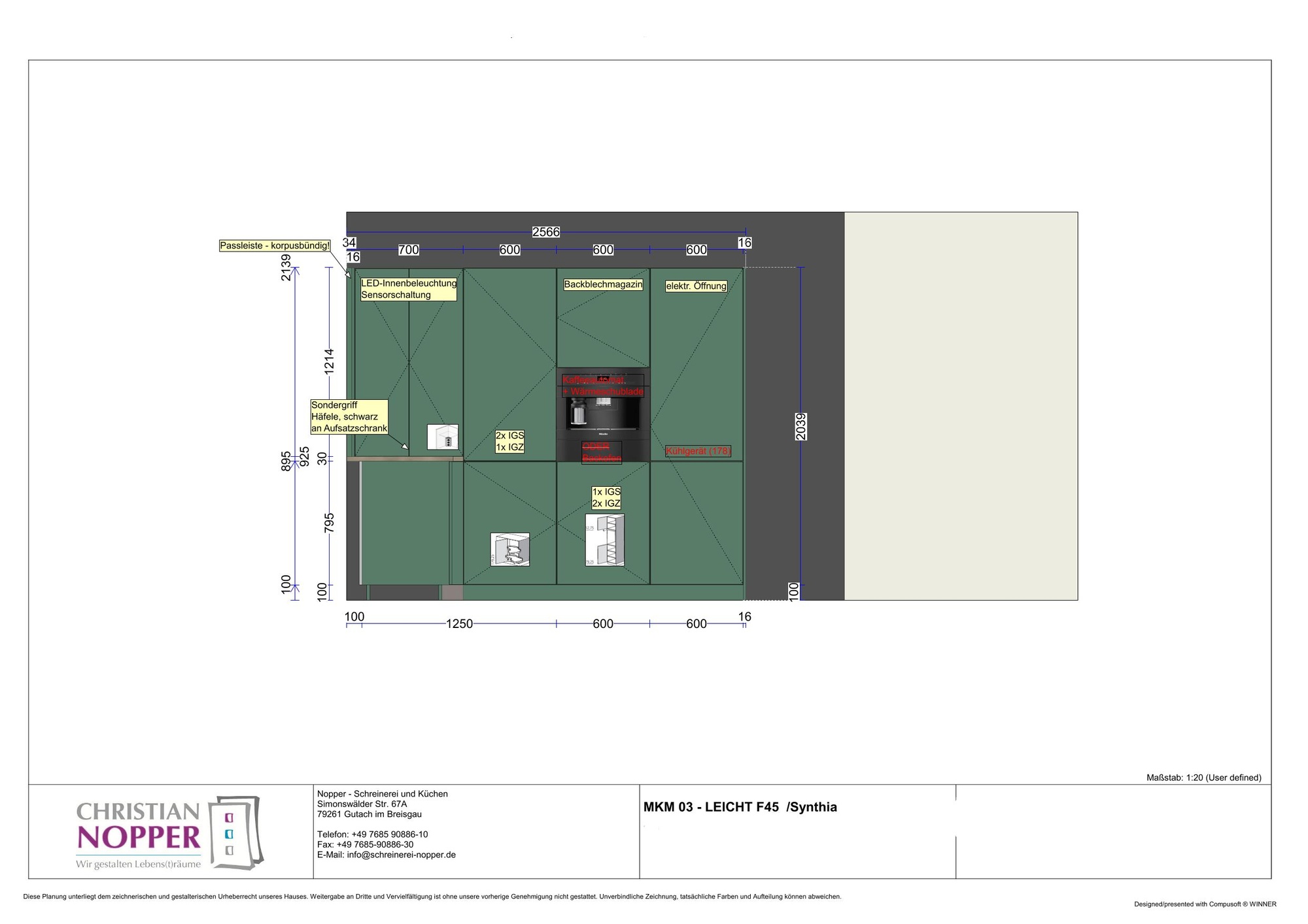 Leicht Synthia olmo grigio/ F45 borealgrün Grüne L- Küche in Kombination mit Holznachbildung