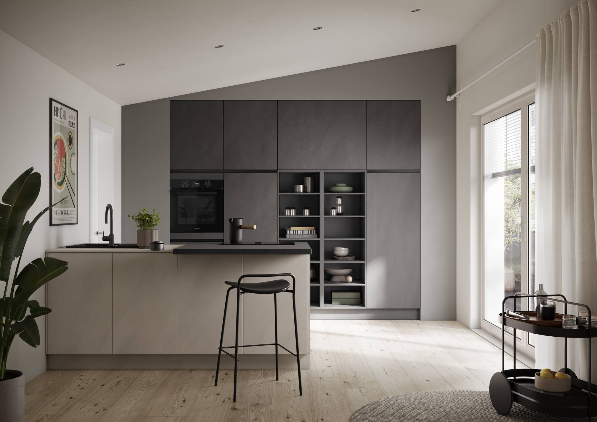 Häcker Designküche mit Halbinsel Zement, grifflose Fronten in Zementoptik