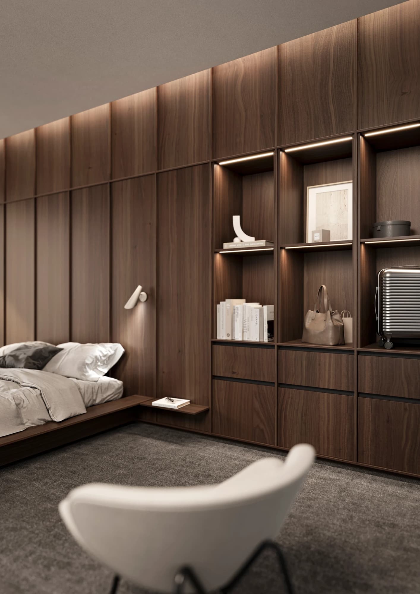 LEICHT Schlafzimmer mit Wandregal und Schränken