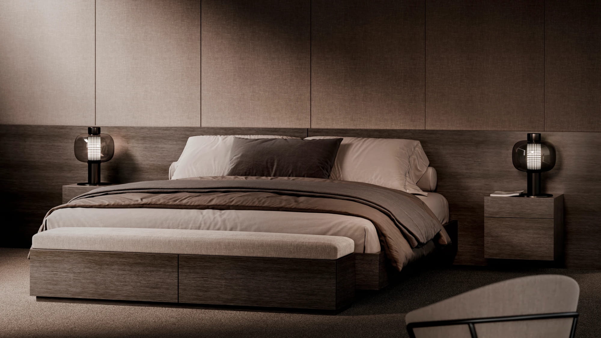 LEICHT Schlafzimmer mit Wandverkleidung und Nachtkonsolen