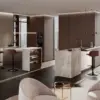 LEICHT Synthia Designküche mit zwei Inseln in Steinoptik und Nussbaum