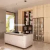 LEICHT Rundwangen Inselküche Eiche Beige mit Vitrine und Hochschrankwand