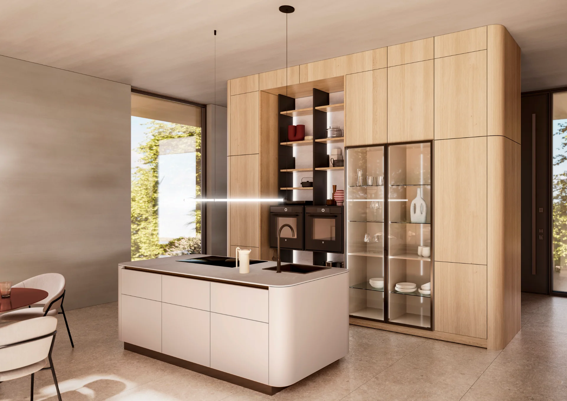 LEICHT Rundwangen Inselküche Eiche Beige mit Vitrine und Hochschrankwand